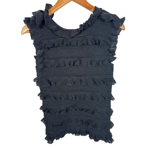 Vintage Y2K Womens Top Black Sleeveless Medium Heather B Ruffled Knit Cotton - Picture 4 of 11